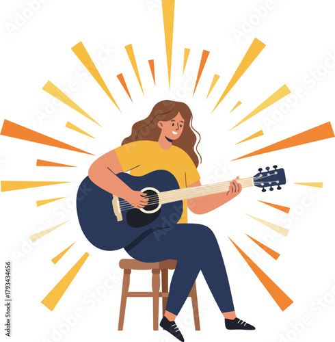 A joyful musician sits on a stool playing an acoustic guitar with energetic rays behind them