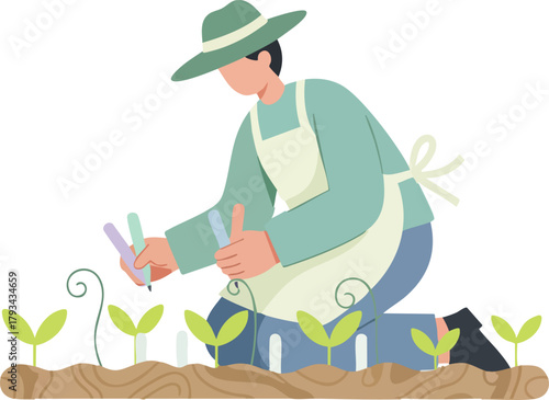 A gardener kneels in soil, labeling young plant sprouts while wearing a hat and apron