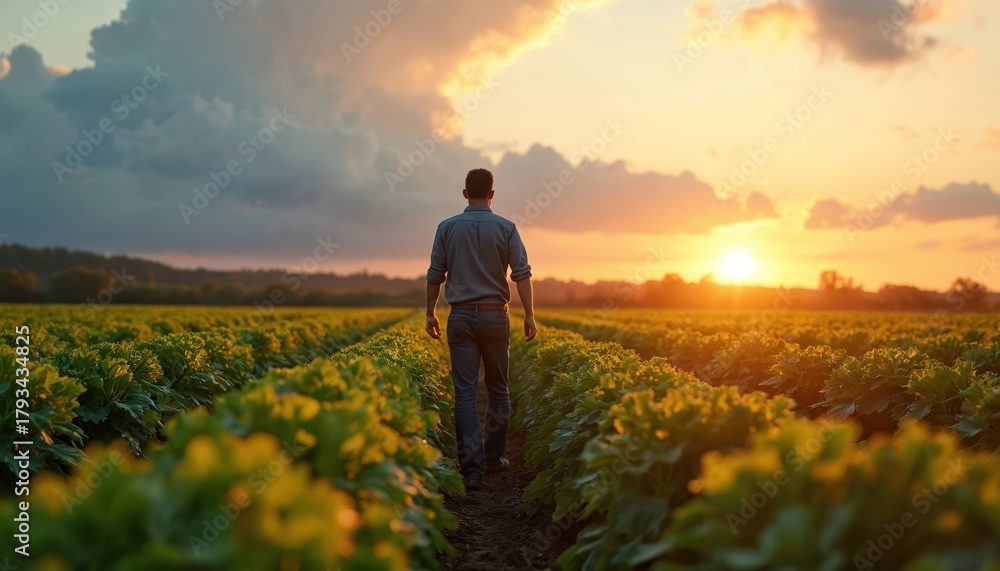 Obraz premium Man walks through field at sunset. Farmer inspects sugar beet crop. Rows of plants stretch into distance. Agriculture worker monitors growth at golden hour. Field inspection, agronomy.