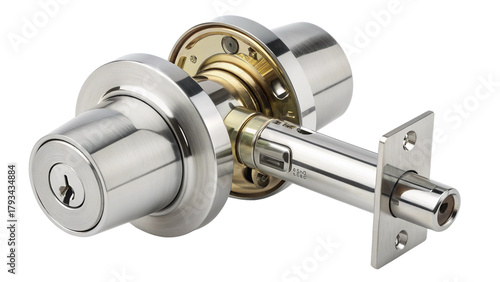 Polished metal deadbolt lock cylinder with keyhole and bolt mechanism
