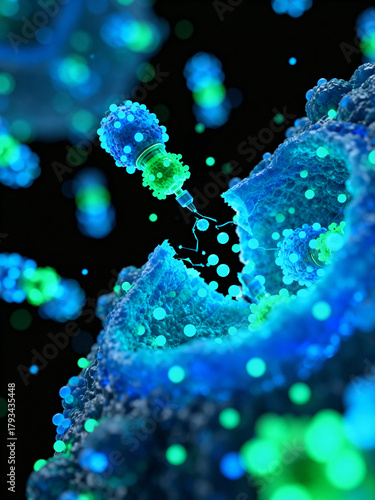 Vibrant visual showing molecules interacting within a cell. The scene features glowing particles in blue and green, illustrating complex biological processes at a microscopic level