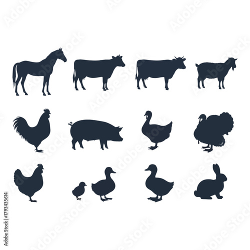 Silhouettes of various farm animals including cattle poultry and rabbits