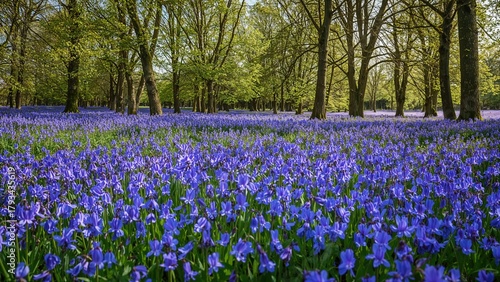 Wallpaper Mural A field of blue irises in a forest clearing during springtime. Torontodigital.ca