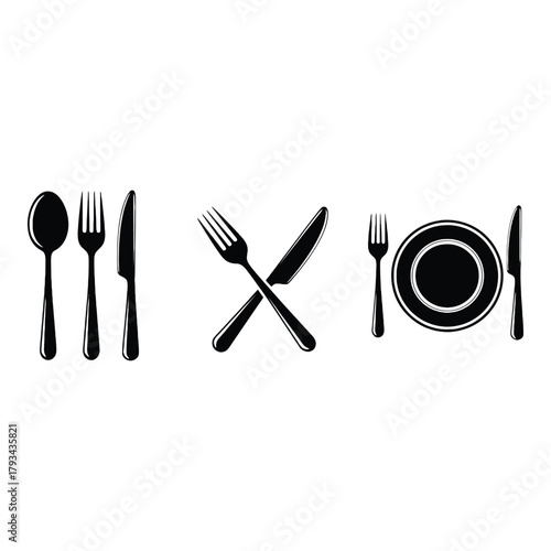 A simple black and white illustration of cutlery and dinnerware