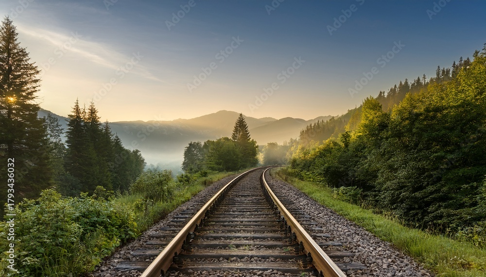Fototapeta premium abandoned railway tracks surrounded by lush trees and misty mountains at sunrise