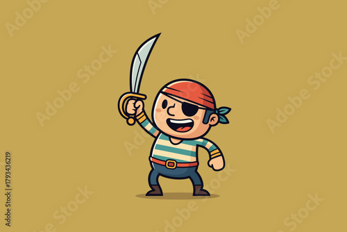 Happy Cartoon Pirate Character with Eye Patch and Sword.