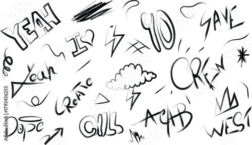 a chaotic collection of handwritten words and scribbles creating a raw expressive and energetic visual aesthetic