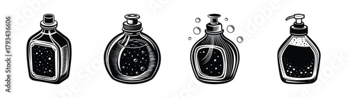 Vector illustration of assorted black and white bottles for oil and vinegar dispensers for cooking