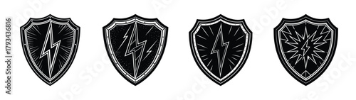 Collection of black and white shields with lightning bolt vector illustration design asset