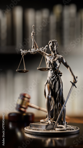 Legal Concept: Themis is the goddess of justice and the judge's gavel hammer as a symbol of law and order on the background of books