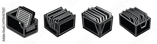 Isometric file folder organizer document storage system office supplies black and white drawing art