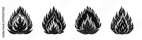 Four black and white abstract flame illustrations for fire design and graphic elements concept