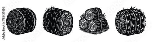 Illustration of hay bales in black and white for agriculture farming and rural landscape design elements