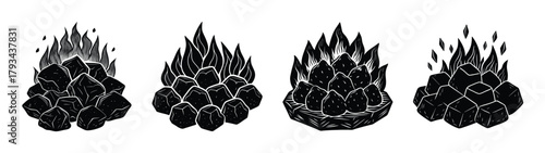 Stock vector illustration of black and white crystal clusters, rock formations, and mineral deposits