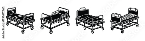 Isometric hospital beds illustration featuring medical equipment and healthcare furniture designs for patients