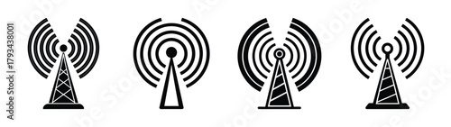 Antenna tower signal transmission wireless communication broadcasting network vector icon set