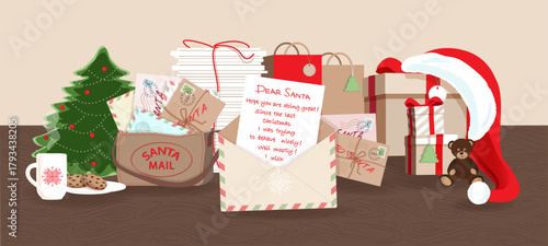 Santa`s workplace befor Christmas - wooden table with postbag, envelopes with letters from kids, giftboxes and packungs, little fir tree, Santa`s hat, cup of milk, cookies. Vector flat illustration.
