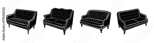 Luxury black and white armchairs set furniture drawing vintage style interior design decor art