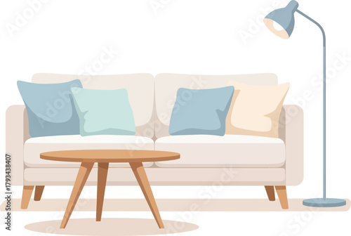 Cozy modern living room scene featuring a comfortable sofa with plush pillows, a stylish coffee table, and a sleek floor lamp creating a warm ambiance.