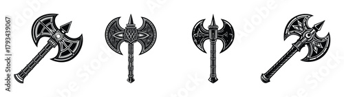Collection of fantasy battle axes drawing vector illustration for game asset and design ideas