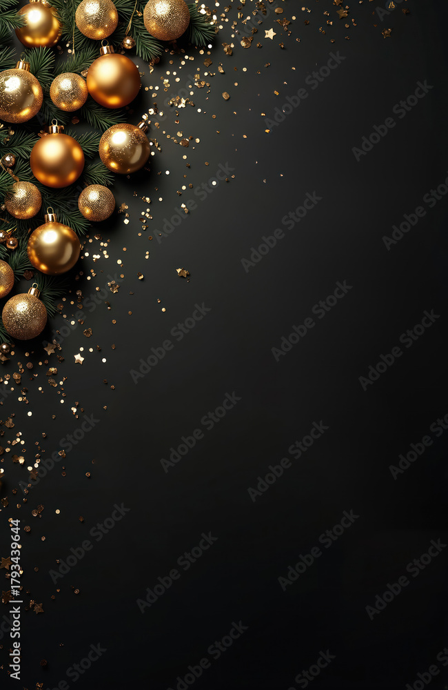 Fototapeta premium Gold Christmas ornaments, pine branches create festive mood on dark background. Sparkly confetti adds to celebratory feel. Perfect for New Year, winter holiday designs, invitations, greeting cards,