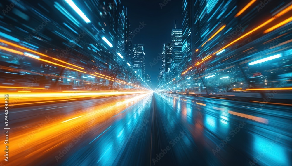 Fototapeta premium Futuristic city street at night with light trails from vehicles. Tall buildings with glowing windows create a sense of speed and advanced technology. Abstract motion blur effect.