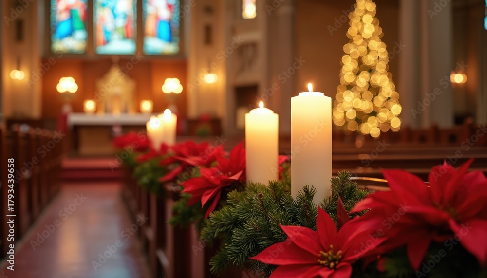 Obraz premium Candles and poinsettias adorn church aisle for Christmas Eve. Blurred Christmas tree and stained glass windows in background. Warm festive spirit fills sacred space.