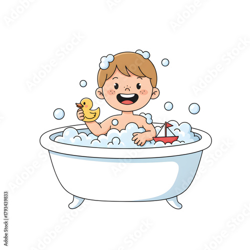 Cute Cartoon Kid Taking a Bath – Vector Illustration