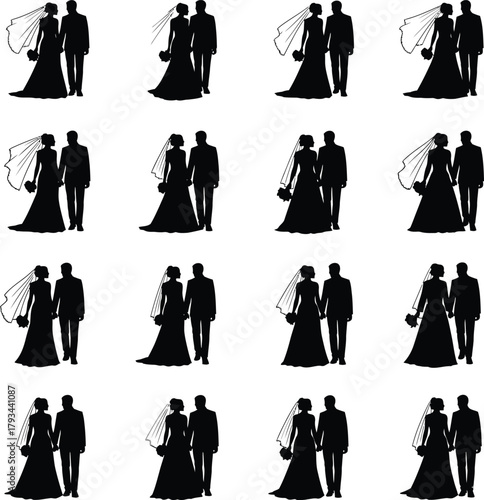 Assortment of Wedding Couple Silhouettes in Various Poses and Styles Keywords: silhouette, wedding, couple, bride, groom, marriage
