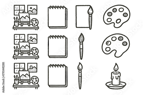 Sketchpad studio creative icon doodle art desk vector palette view candle paintbrush