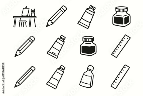 Workspace vector minimalist icons ruler ink tube bottle icon pencils art paint