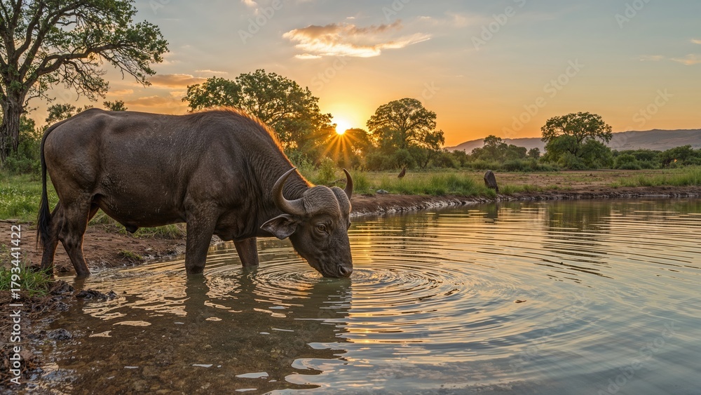 Fototapeta premium A buffalo drinking water at sunset in a natural landscape.