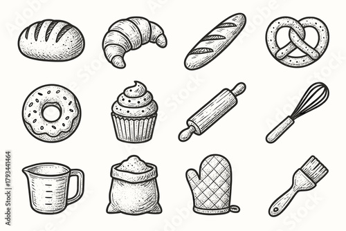Mitt pastry cup bag baguette set croissant bakery pretzel rolling vector icon