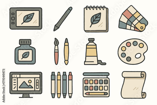 Swatch sketchbook art vector modern tablet color icon collection stylus tools