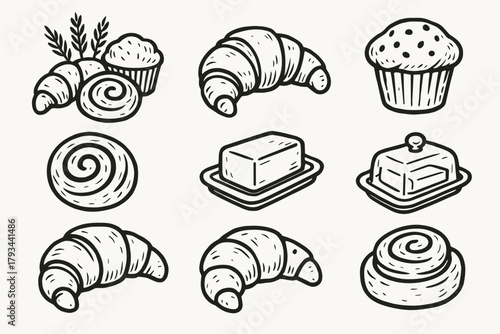 Butter croissant bakery morning pastry muffin cinnamon selection set icons dish icon