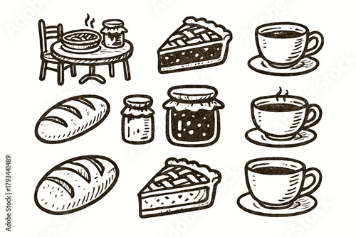 Bakery cup slice set pie jam tea vector cozy icon table