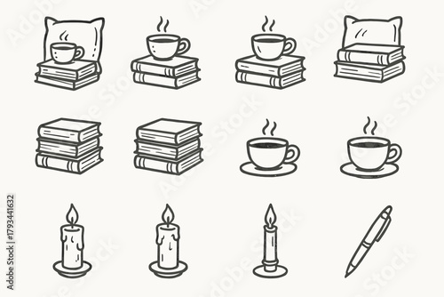 Reading cozy books stacked pen candle vector setup icons teacup icon