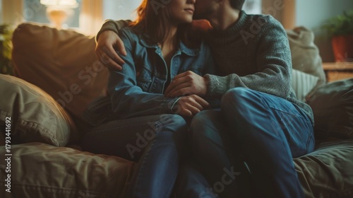 Couple sitting silently on a couch in morning light, hands close but not touching, expressing a subtle sense of misunderstanding in a realistic, emotional scene