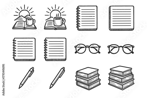 Morning book setup icon stack icons study pen vector handdrawn notebook glasses