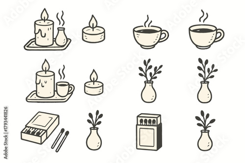 Tea candle evening vector icon cozy vase matchbox scene decor icons small