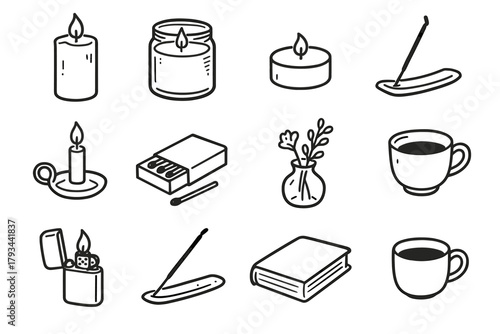 Candle ceramic holder book decor vector cup matchbox tealight lighter icon