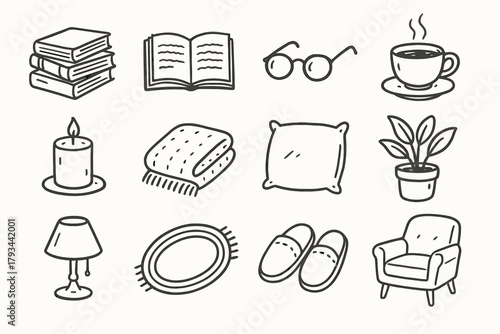 Teacup book cozy rug icons icon lamp reading chair books pillow vector