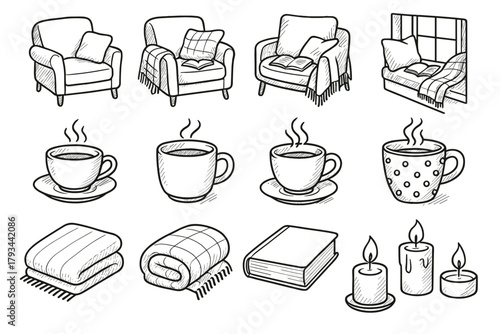 Book lazy blanket cup tea icons cozy vector candle weekend moment reading