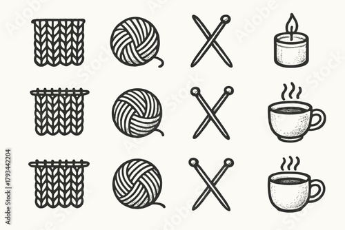 Knitting tea afternoon icons project icon cozy needles craft vector candle cup