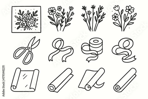 Flowers floral ribbon craft setup paper table vector design icon wrapping dried