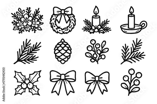 Icon leaves hand drawn berries pine holder holiday vector ribbon bow candle