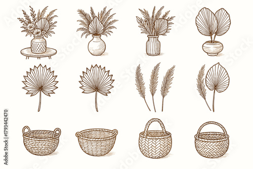Boho floral palm centerpiece dried icons accent pampas vector basket icon table