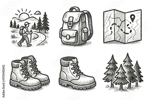 Map road morning icon ink vector icons hike doodle boots forest trees