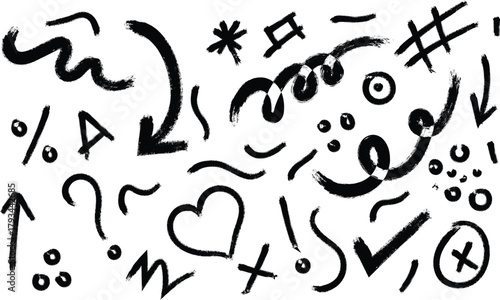 abstract black and white drawing featuring various symbols doodles and expressive line art elements