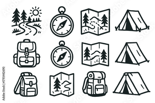 Map rough route vector adventure tent icons compass forest outline backpack icon